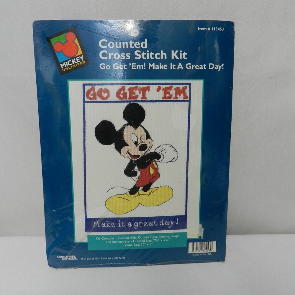 Mickey Mouse Counted Cross Stich Kit Go Get 'Em Make it a great day! NEW 113453